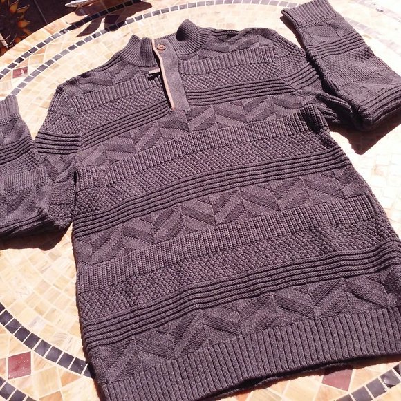 Y2K Tasso Elba Textured Knit Sweater Unisex Men's -S Ribbed Mock Neck Zip Grey - Picture 3 of 11